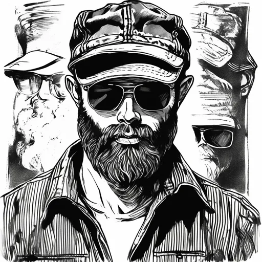 Prompt: Vintage clipart drawing of a man with a beard wearing dark sunglasses and a trucker hat, black and white, ink drawing