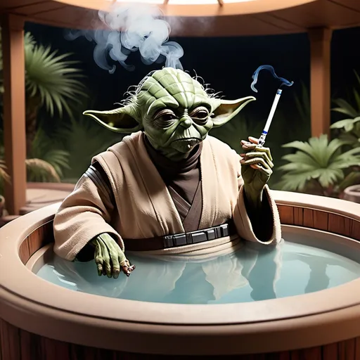 Prompt: Image of Ben Quadinaros, an already established an known character of the star wars franchise, sitting in a hot tub smoking a joint