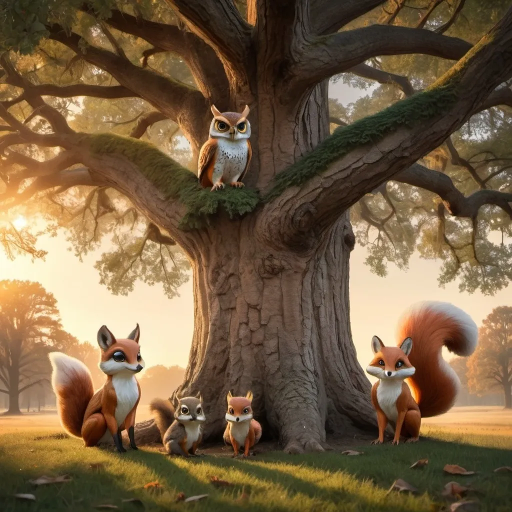 Prompt: An owl, a squirrel, and a fox gathered under a large oak tree in a peaceful forest setting during sunset."