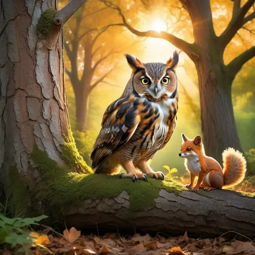 Prompt: An owl, a squirrel, and a fox gathered under a large oak tree in a peaceful forest setting during sunset."