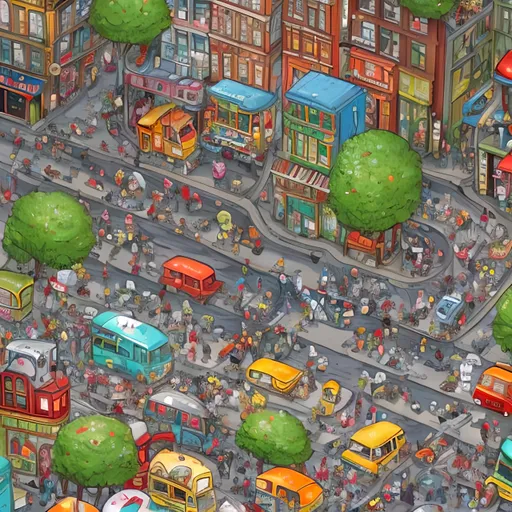 Prompt: Where's Waldo-style children's book illustration of a bustling big city street, vibrant colors, whimsical details, playful characters, detailed cityscape, high quality, lively and colorful, cartoonish style, vibrant colors, playful characters, detailed cityscape, busy urban setting, hidden details, whimsical charm, playful and energetic, vibrant and lively, detailed and busy, bustling city street, cartoonish, high quality, whimsical details, hidden characters