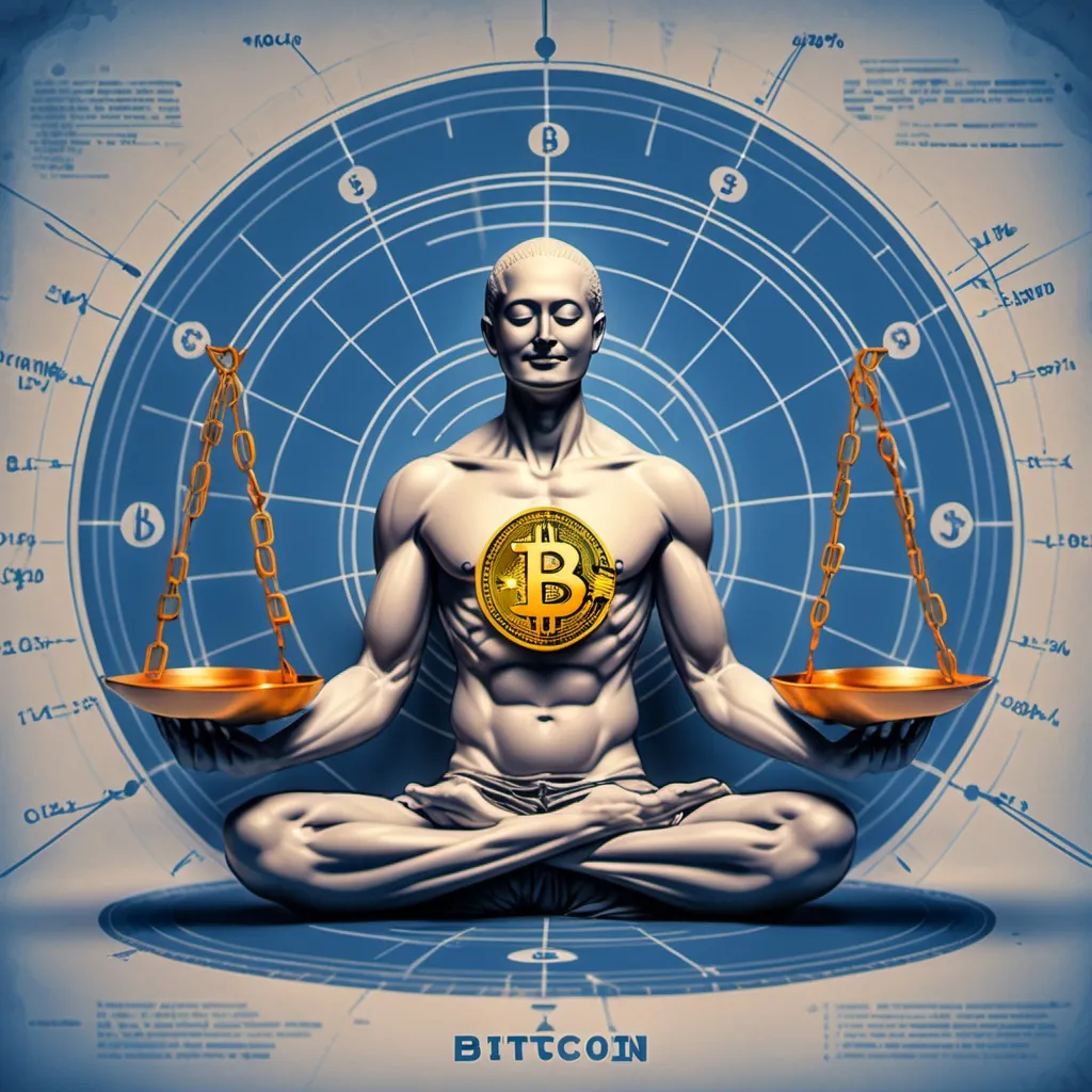 Prompt: Mindfulness with a healthy Body and Wealth of Bitcoin. Background is Blueprint with a scale of balance