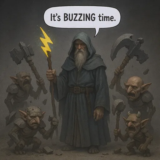 Prompt: A robed sorcerer stands surrounded by goblins with various weapons made of rubble and debris.
The sorcerer holds a staff with a yellow lightning bolt. bubble with the text "It's BUZZING time"