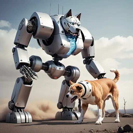 Prompt: big robot dog in battle with big soft cat