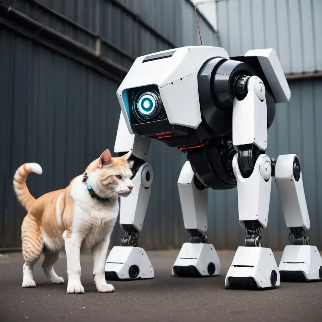 Prompt: big robot dog in battle with big soft cat