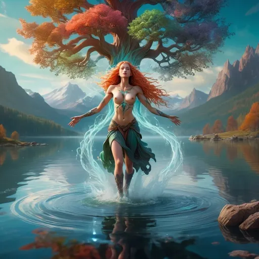 Prompt: Amazing woman in the midst of the lake. Above her is hovering Igdrasil, The World Tree of Creation. Mythology, Mystery, vibrant colors, Magic