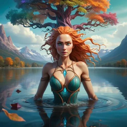 Prompt: Amazing woman in the midst of the lake. Above her is hovering Igdrasil, The World Tree of Creation. Mythology, Mystery, vibrant colors, Magic