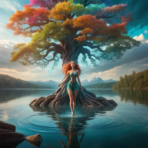 Prompt: Amazing woman in the midst of the lake. Above her is hovering Igdrasil, The World Tree of Creation. Mythology, Mystery, vibrant colors, Magic