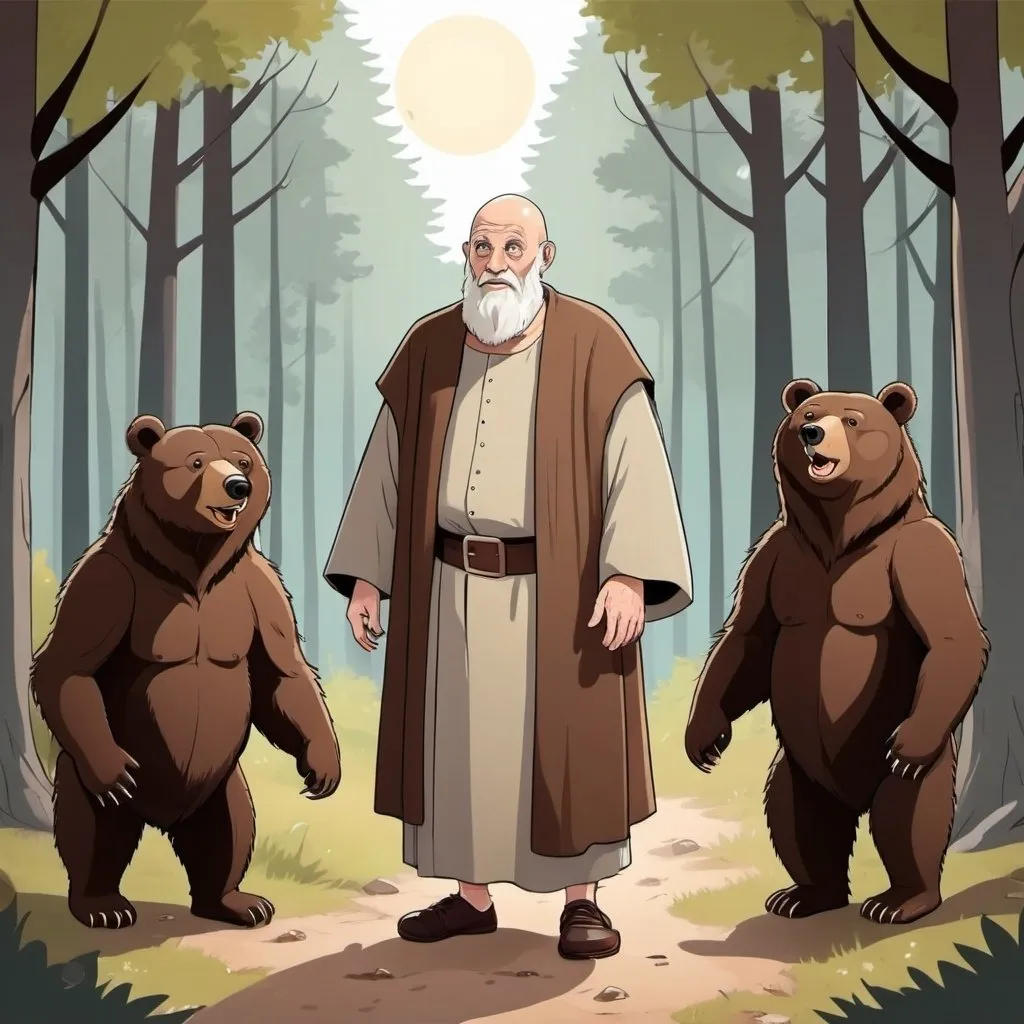 Prompt: old bald biblical man in the woods with two bears rtoon, vector illustration