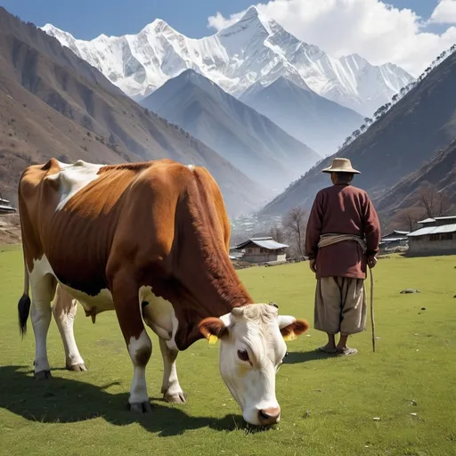 Prompt: Cow grazing in the Himalayas, elderly father watching, serene mountain landscape, traditional pastoral scene, natural materials, high quality, realistic, serene, detailed pasture, aged father, traditional clothing, serene lighting, serene and peaceful atmosphere