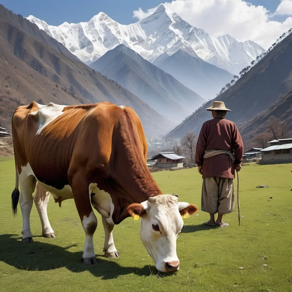 Prompt: Cow grazing in the Himalayas, elderly father watching, serene mountain landscape, traditional pastoral scene, natural materials, high quality, realistic, serene, detailed pasture, aged father, traditional clothing, serene lighting, serene and peaceful atmosphere