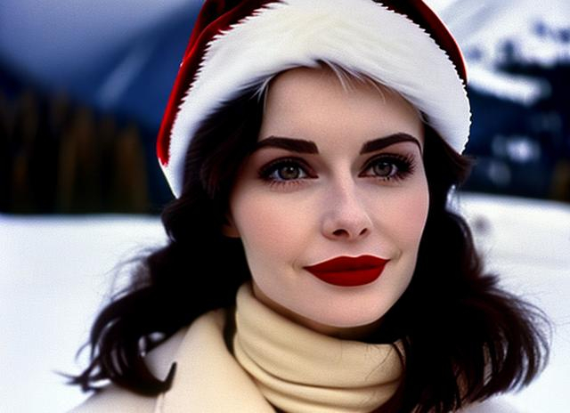 Prompt: beautiful woman in her 20s with red lipstick and black hair and pale skin in gstaad in 80s and its Christmas 