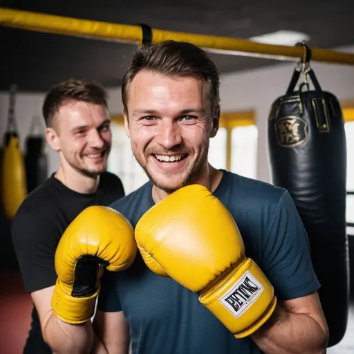 Prompt: Happy man. Dutch man. Make the background blurry. 2 man who are preparing voor boxing with yellow boxing gloves. They are a bit sweaty from boxing. Dark boxing hall. Man having a happy face and smiles.