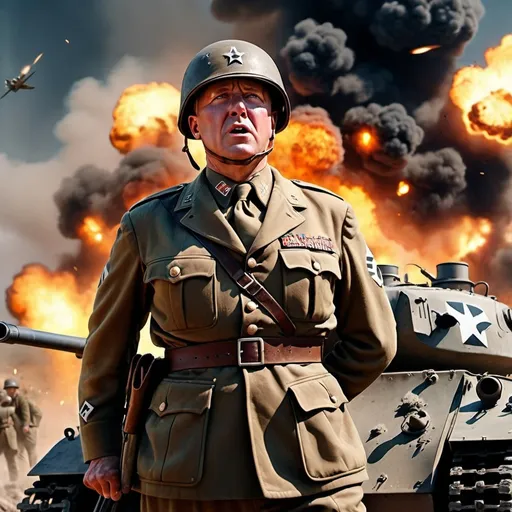 Prompt: Create (General Patton) from the 1970 movie, dynamic action scene, (explosions) in the background, (Nazi tanks) being destroyed, historic military attire, intense facial expression, dramatic and vibrant colors, vivid explosions lighting up the battlefield, high contrast, (4K) ultra-detailed, gritty ambiance, conveying chaos and determination, showcasing a moment of victory in World War II.