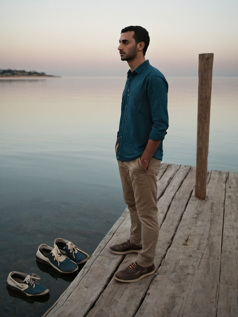 Prompt: a man standing on a dock next to the water with his feet on a rock and his shoes on the ground, Farid Mansour, aestheticism, single body, a picture