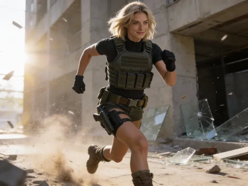 Prompt: @9DmI1zZGxUjdJN9mVcmyelite covert operative, mid-action sprint through an urban combat zone, tactical gear fitted and functional, athletic build, confident lethal posture.She’s moving forward with purpose, weapon up but controlled, eyes locked on target, hair pulled tight for combat.Modern tactical loadout: plate carrier, fitted combat top, utility belt, gloves, matte black and dark olive tones.Environment: sun-bleached concrete, shattered glass, dust and debris in the air, light flaring from one side.Cinematic realism, high shutter-speed action freeze, shallow depth of field, dramatic contrast, ultra-detailed textures.Tone: calm, dominant, professional — not chaotic, not flashy.Style: Danger Girl confidence × modern military realism.Camera angle slightly low, heroic framing, motion implied through dust and fabric movement.4K, ultra-sharp, photorealistic, cinematic color grading.