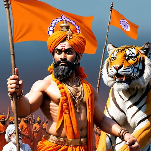 Prompt: Create a thumbnail for youtube title hindu hain hum 
Use detailed characteristics 3 person from hindu communities showing unity and strength and kesariya flag in hand also use bangal tiger face and shivaji maharaj and subscribe use detailed colour 