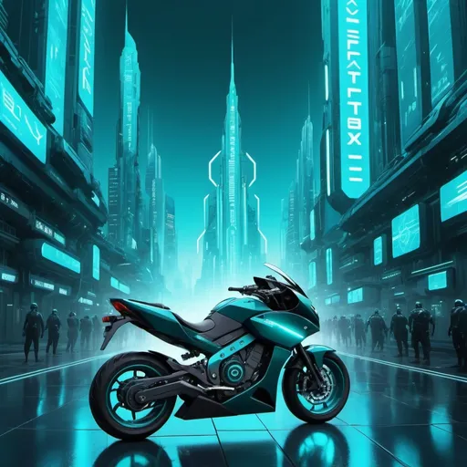 Prompt: Neo futuristic cyber city teal blue bright dreamy cyber core xxity, motobike 