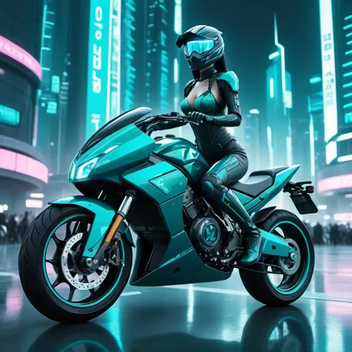 Prompt: Neo futuristic cyber city teal blue bright dreamy cyber core xxity, motobike 