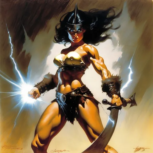 Prompt: Frazetta art, a muscular female warrior, wielding lightning, glowing eyes, brunette