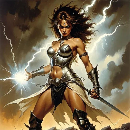 Prompt: a woman in a costume with a sword and lightning behind her is a lightning bolt and a sword is in her hand, Boris Vallejo, fantasy art, frazetta, concept art, black and white