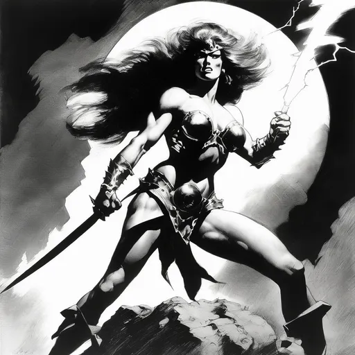 Prompt: B&W Frazetta art, a muscular female warrior, wielding lightning, glowing eyes