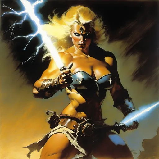 Prompt: Frazetta art, a muscular female warrior, wielding lightning, glowing eyes, blonde