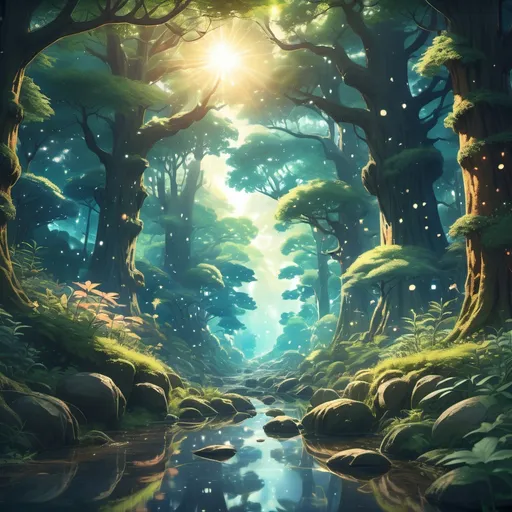 Prompt: Viral anime nature wallpaper in 4K quality, in the style of digital illustration inspired by Hayao Miyazaki, featuring a serene forest with towering ancient trees, dappled sunlight filtering through the leaves, a gentle stream flowing through the scene, and mystical creatures peeking from behind the foliage; vibrant and warm color temperature, cosmos lighting with stars twinkling in the sky, no human characters, the atmosphere is tranquil and enchanting --v 5 --stylize 1000