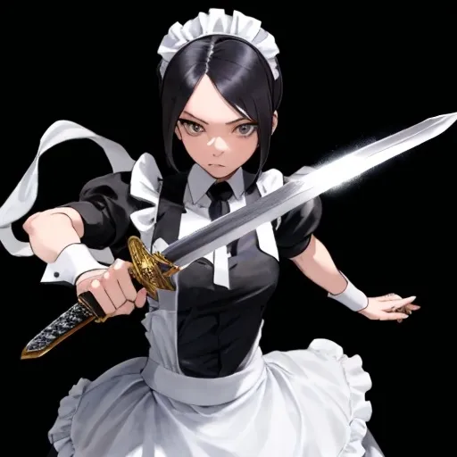 Prompt: A maid in modern maid clothes, with a sword, in a pose that is ready to strike.