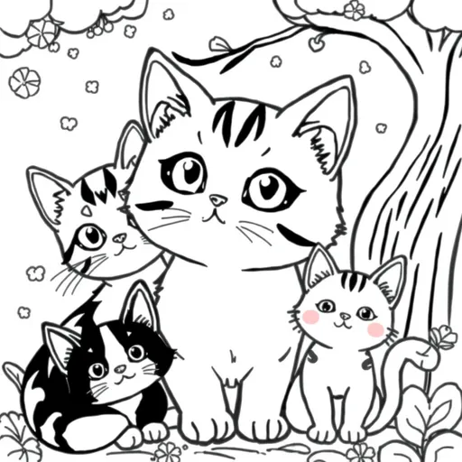 Prompt: black and white coloring book, (simple portrait illustration), fantasy style, Japan-inspired, (cats), whimsical designs, cute expressions, playful poses, charming details, suitable for kids, pastel color scheme, inviting and friendly atmosphere, easy-to-color contours, delightful cat features, enchanting backgrounds, HD quality, kid-friendly art.