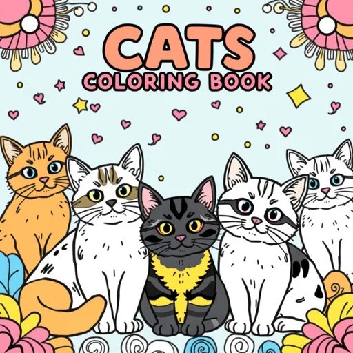 Prompt: (black and white) coloring book cover, (pop art style), adorable cats, (full color), fun and playful illustrations, pastel color scheme, vibrant and eye-catching designs, cozy and whimsical atmosphere, intricate line work, engaging visual elements, perfect for cat lovers, charming and lively composition, inviting and cheerful mood, appealing to both children and adults, high quality and ultra-detailed.