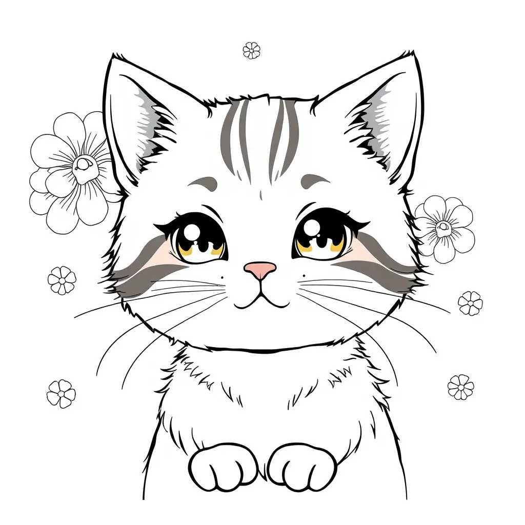 Prompt: black and white coloring book, (simple portrait illustration), fantasy style, Japan-inspired, (cats), whimsical designs, cute expressions, playful poses, charming details, suitable for kids, pastel color scheme, inviting and friendly atmosphere, easy-to-color contours, delightful cat features, enchanting backgrounds, HD quality, kid-friendly art.