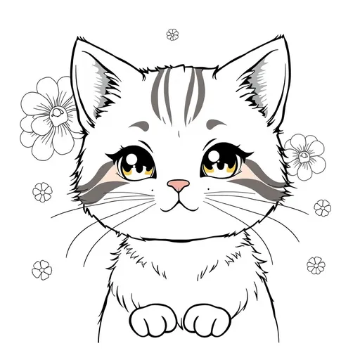 Prompt: black and white coloring book, (simple portrait illustration), fantasy style, Japan-inspired, (cats), whimsical designs, cute expressions, playful poses, charming details, suitable for kids, pastel color scheme, inviting and friendly atmosphere, easy-to-color contours, delightful cat features, enchanting backgrounds, HD quality, kid-friendly art.