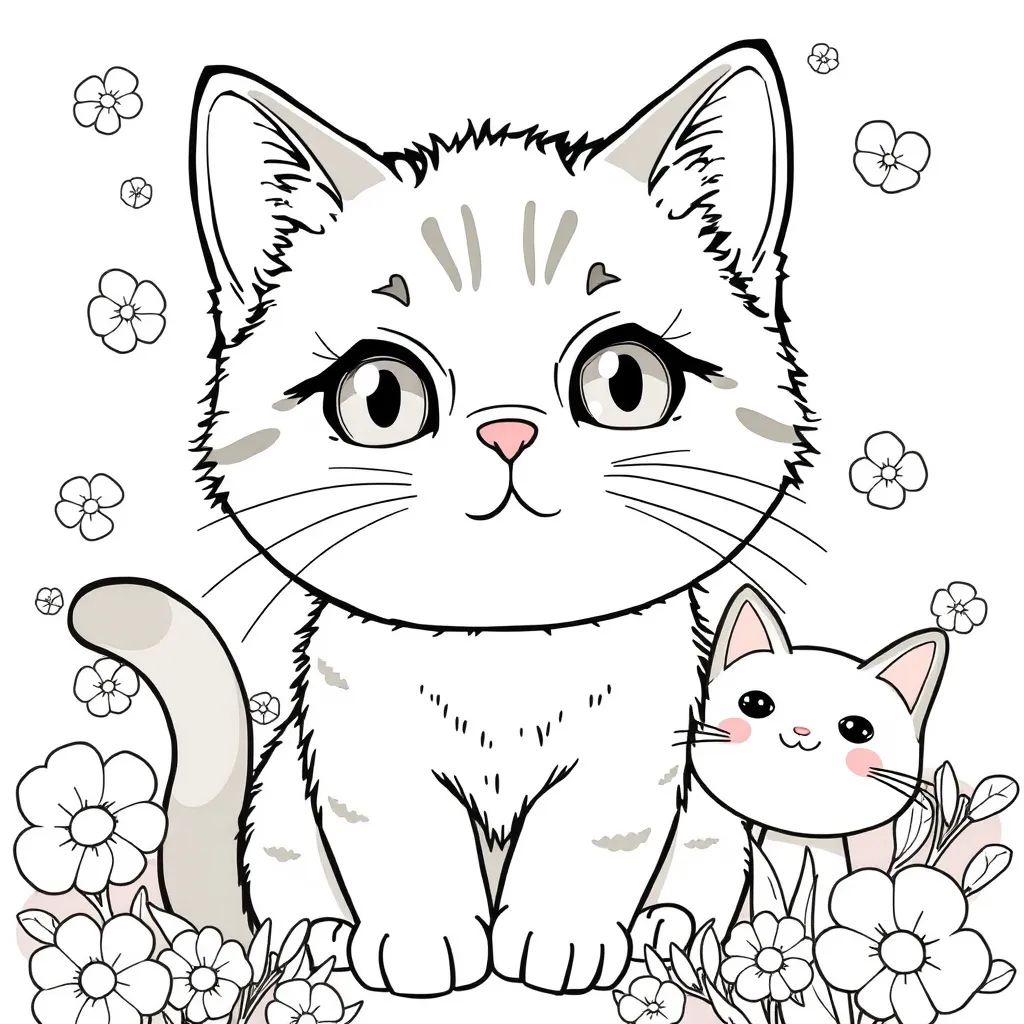 Prompt: black and white coloring book, (simple portrait illustration), fantasy style, Japan-inspired, (cats), whimsical designs, cute expressions, playful poses, charming details, suitable for kids, pastel color scheme, inviting and friendly atmosphere, easy-to-color contours, delightful cat features, enchanting backgrounds, HD quality, kid-friendly art.