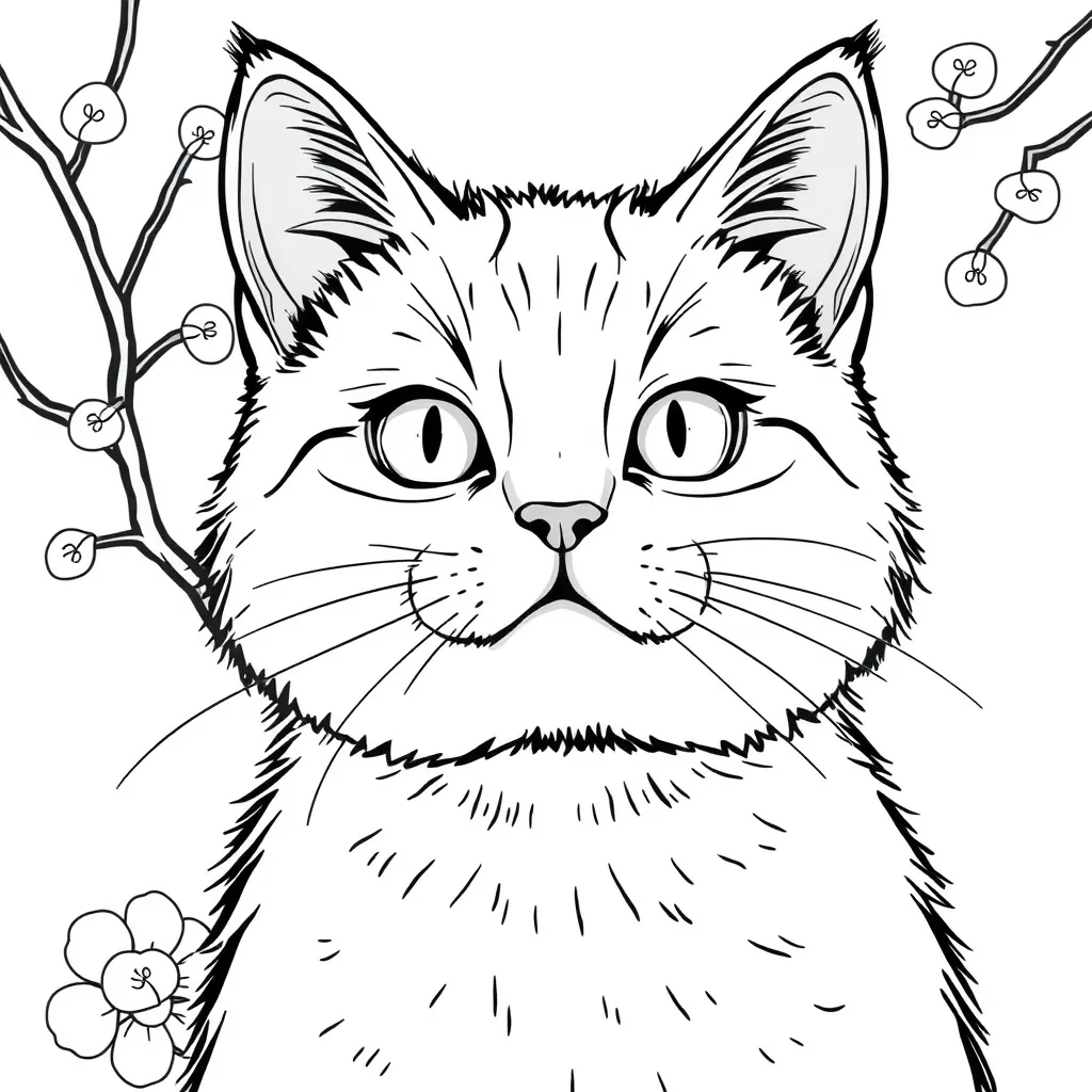 Prompt: black and white coloring book, simple portrait illustration,for kids with a cat japan style cover
