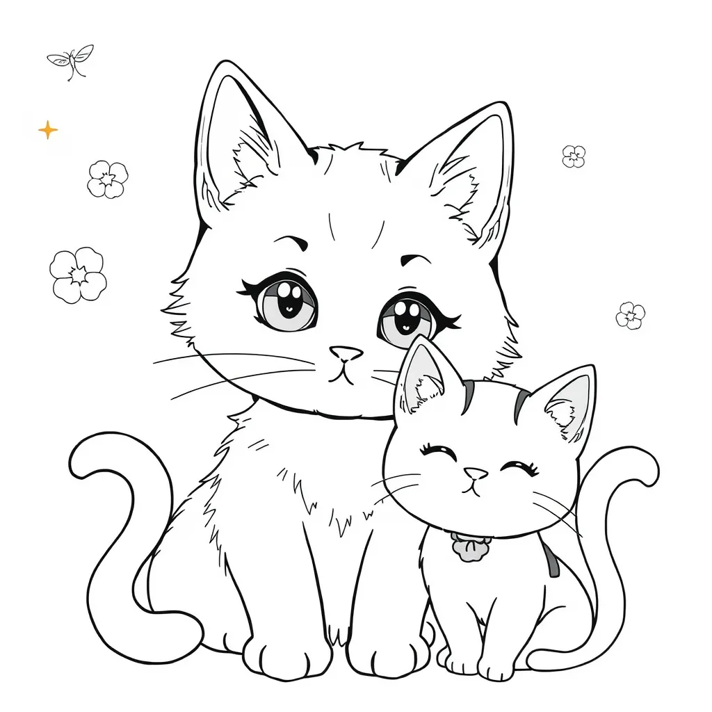 Prompt: black and white coloring book, (simple portrait illustration), fantasy style, Japan-inspired, (cats), whimsical designs, cute expressions, playful poses, charming details, suitable for kids, pastel color scheme, inviting and friendly atmosphere, easy-to-color contours, delightful cat features, enchanting backgrounds, HD quality, kid-friendly art.