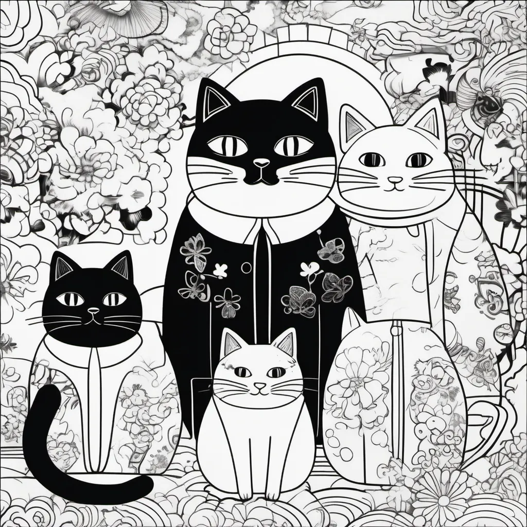 Prompt: japanisse style cats,cover for coloring kids book,fun,anime style