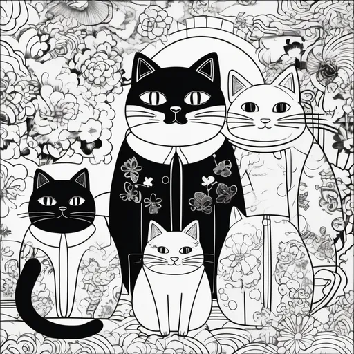 Prompt: japanisse style cats,cover for coloring kids book,fun,anime style