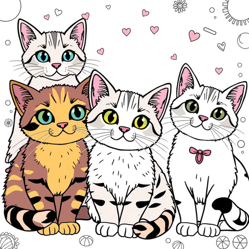 Prompt: (black and white) coloring book cover, (pop art style), adorable cats, (full color), fun and playful illustrations, pastel color scheme, vibrant and eye-catching designs, cozy and whimsical atmosphere, intricate line work, engaging visual elements, perfect for cat lovers, charming and lively composition, inviting and cheerful mood, appealing to both children and adults, high quality and ultra-detailed.