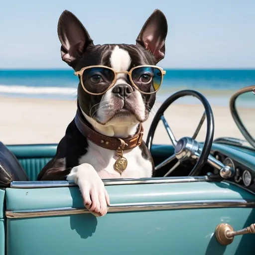 Prompt: Boston terrier driving an antique car behind the steering wheel on the beach wearing sunglasses