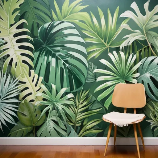 Prompt: painted mural with tropical leaves and palm leaves, multiple greens, random placement of leaves