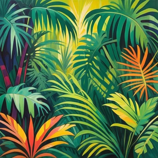 Prompt: image; no borders; fauvism style painting; tropical leaves and palm fronds; warm green colors; dense jungle atmosphere