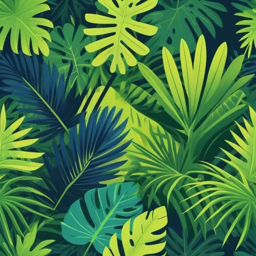 Prompt: (flat illustration), tropical leaves and palm fronds, (dense jungle atmosphere), warm lime green, vibrant green, and deep blue-green colors, lush foliage, natural beauty, calming environment, harmonious composition, no borders, modern design, ultra-detailed, (dynamic and lively composition).