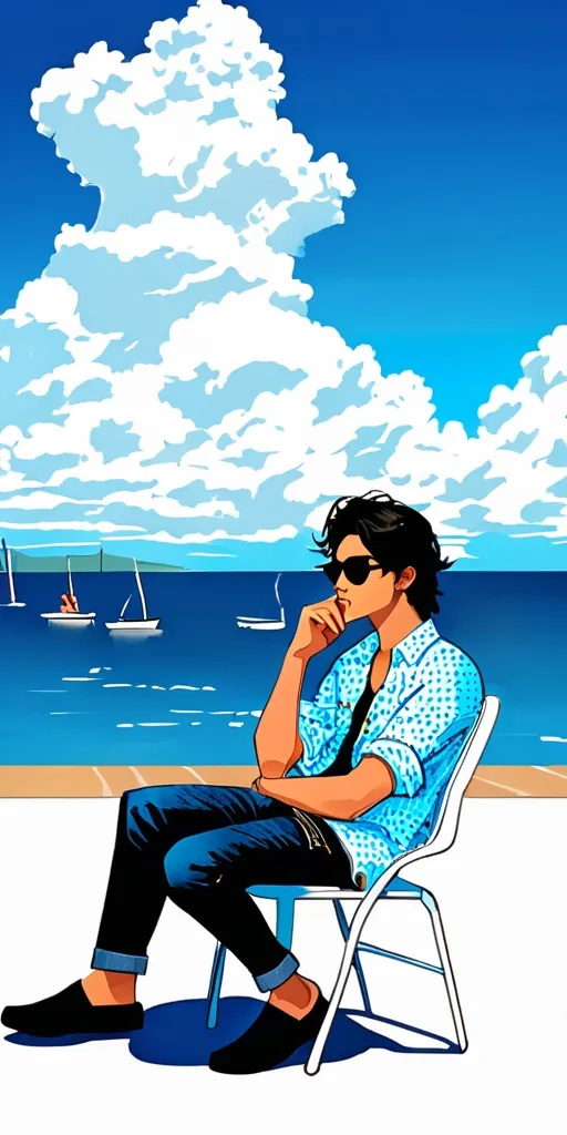 Prompt: Basking under a vibrant blue sky dotted with fluffy white clouds, a young man sits casually on a plastic chair, seemingly lost in thought as he gazes toward the calm sea. His tousled black hair and stylish sunglasses give him a relaxed yet contemplative air, while his denim shirt adds to a casual vibe. The backdrop features a small boat anchored nearby, casting a tranquil presence in the azure waters. The rocky shoreline and the sunlight dance upon the surface, enhancing the serene atmosphere, suggesting a moment of quiet reflection amidst a beautiful coastal setting.