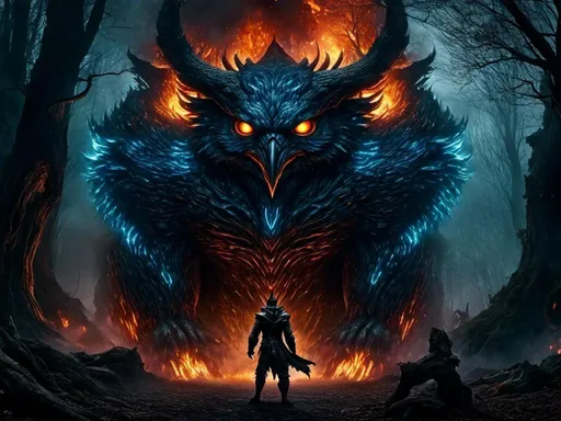 Prompt: <mymodel> Giant Owl monster, with flaming wings, blue flames, colossal, beast, monster, evil, horror, massive, enormous, gigantic, titan, very large, huge, great, In Dark forest with Giant Trees,
 
Humanoid Peronne in the foreground, seen from behind, contemplating the huge Owl monster.