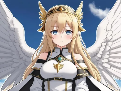 Prompt: <mymodel> a angel woman with elven features, bright blond hair, goddess diadem on the head, blue eyes, she wears a long white angel robe that symbolizes her purity, she has two angel wings in her back, world of medieval fantasy, high quality, japan anime style with large expressive eyes, flying in a beautiful sunny sky, HD, 4K (Full body shot, wide shot), noint arifureta