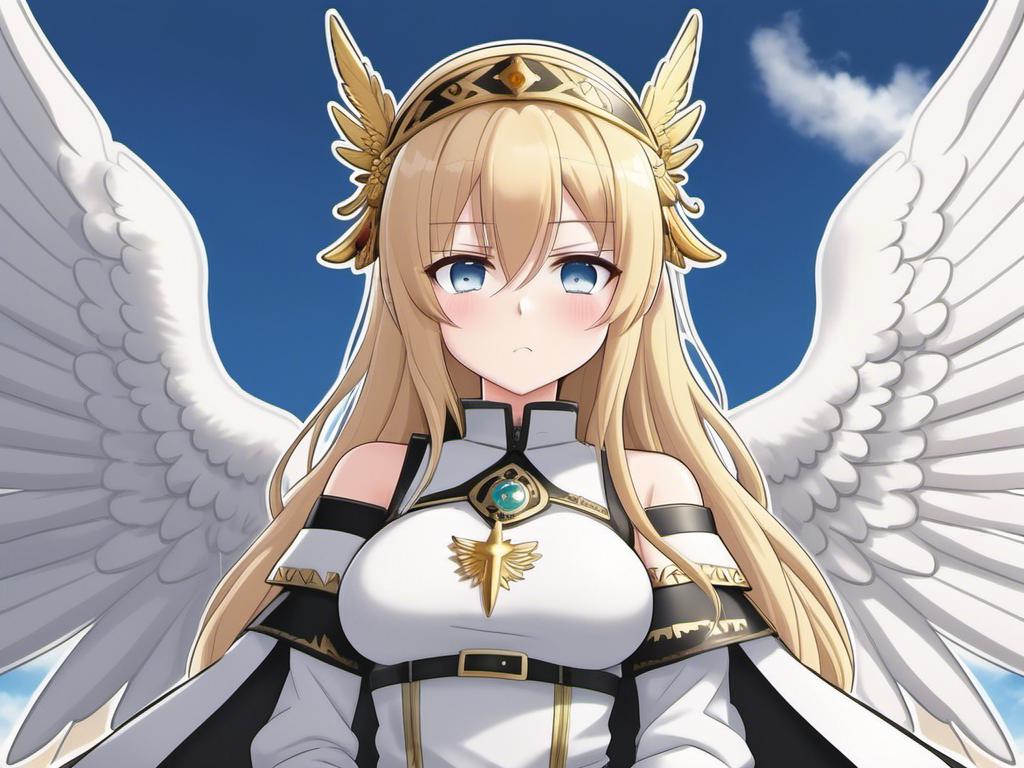 Prompt: <mymodel> a angel woman with elven features, bright blond hair, goddess diadem on the head, blue eyes, she wears a long white angel robe that symbolizes her purity, she has two angel wings in her back, world of medieval fantasy, high quality, japan anime style with large expressive eyes, flying in a beautiful sunny sky, HD, 4K (Full body shot, wide shot), noint arifureta