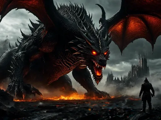 Prompt: <mymodel> Black Dragon with golden eyes, colossal, beast, monster, evil, massive, enormous, gigantic, titan, very large, huge, great, In Dark mountain,

Humanoid Peronne in the foreground, seen from behind, contemplating the huge dragon.