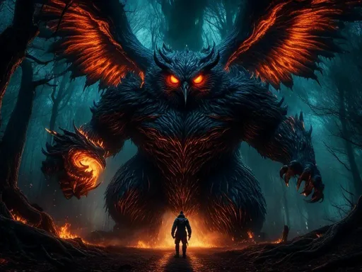 Prompt: <mymodel> Giant Owl monster, with flaming wings, blue flames, colossal, beast, monster, evil, horror, massive, enormous, gigantic, titan, very large, huge, great, In Dark forest with Giant Trees,
 
Humanoid Peronne in the foreground, seen from behind, contemplating the huge Owl monster.
