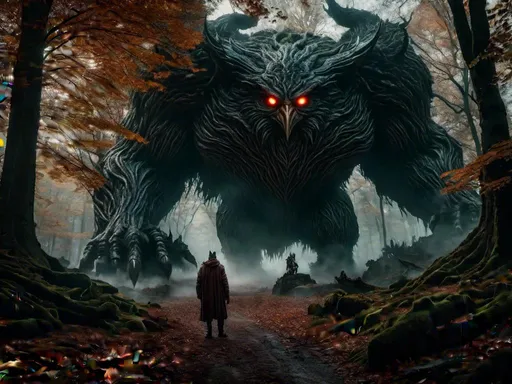 Prompt: <mymodel> Giant Owl monster, colossal, beast, monster, evil, horror, massive, enormous, gigantic, titan, very large, huge, great, In Dark forest with Giant Trees,
 
Humanoid Peronne in the foreground, seen from behind, contemplating the huge Owl monster.